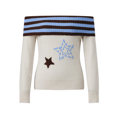 Off Shoulder Striped Star Knit Long Sleeve Top