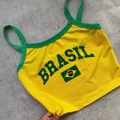 Women's Brazil print cami flag crop top with gothic style.

