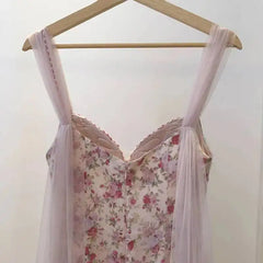 Pink Floral Off-the-Shoulder Mesh Drape Midi Dress