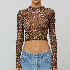Sheer Printed Long Sleeve Crop Top