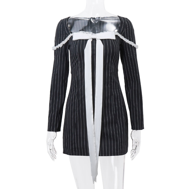 Black Stripe Long Sleeve Bow Mini Dress