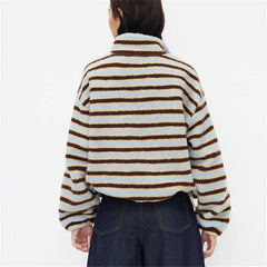 Half Zip Striped Stand Collar Fuzzy Sweatshirt