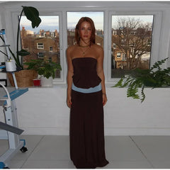 Brown Contrast Waist Cinched Strapless Long Dress