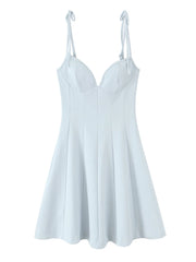 A light blue sleeveless mini dress with thin adjustable tie straps, a sweetheart neckline, and a flared skirt, shown against a plain white background.