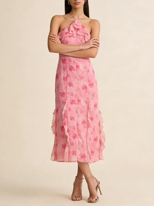 Pink Rose Print Frill Halter Midi Dress