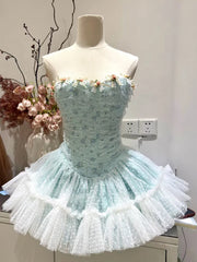 Strapless 3D Flower Tulle Mini Dress