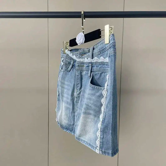 Lace Trim Denim Mini Skirt