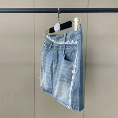 Lace Trim Denim Mini Skirt
