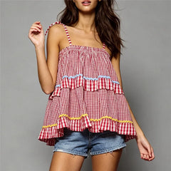 Red Checkered Spaghetti Strap Bow Tie Blouse
