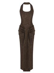 Brown Halter Neck Tie Up Folds With Neck Scarf  Long Dress