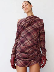 Plaid Off-Shoulder Full-Sleeve Mini Dress