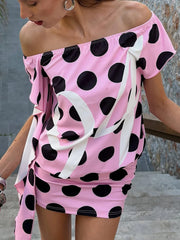 Pink Polka Dot Short Sleeve Tassel Mini Dress