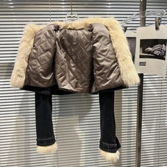 Faux Fur Collar Quilted Denim Crop Jacket