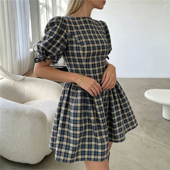 Plaid Round Neck Puff Sleeve Bow Tie Cuffs Mini Dress