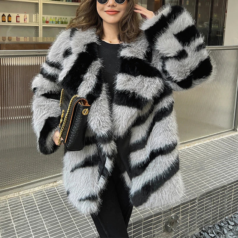Zebra Striped Faux Fur Coat