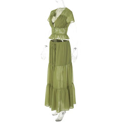 Short Sleeve Mesh Patchwork Crop Top And Maxi Skirt Matching Set