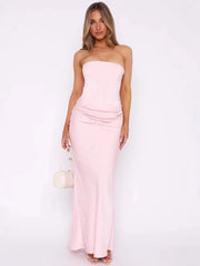 Satin Strapless Lace Up Corset Maxi Dress