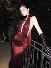 Burgundy Satin Sequin Plunge V-neck Drape Maxi Dress