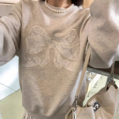Grey Lace Bow Patchwork Sweatshirt