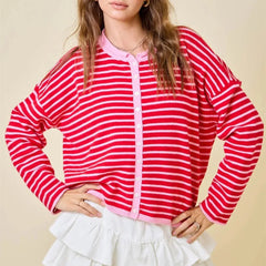 Striped Knit Crew Neck Cardigan