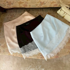 High Waist Lace Patchwork Hem Mini Satin Skirt