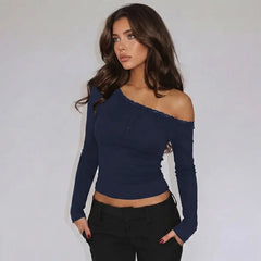 Diagonal Collar Long Sleeve Lace Patchwork Tee