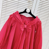 Solid Loose Bow Lantern Sleeves Fluffy Mini Dress