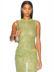 Green O Neck Sleeveless Crystal Top And Mesh Midi Skirt Set