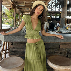 Short Sleeve Mesh Patchwork Crop Top And Maxi Skirt Matching Set