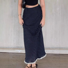 Blue Polka Dot Lace Trim Midi Skirt