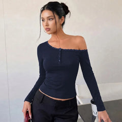 Diagonal Collar Long Sleeve Lace Patchwork Tee