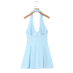 Blue Halter Bow Buttoned Mini Dress