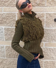 Green Turtleneck Fuzzy Knit Top