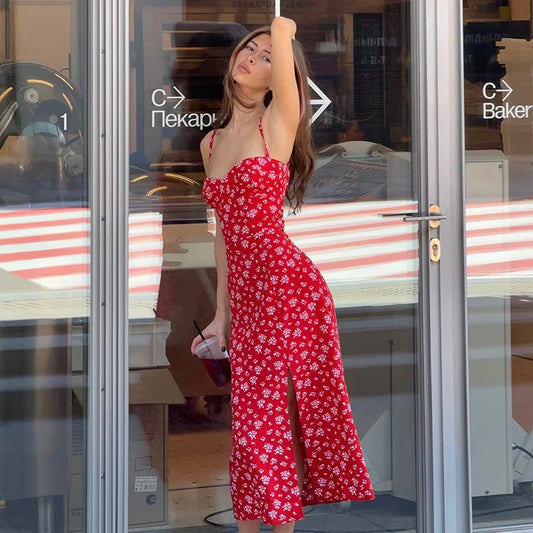 Red Floral Spaghetti Strap Midi Dress