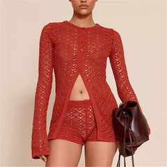 Crochet Long Sleeve Tee with Shorts Set