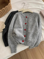 Deep Grey Wool Knitted Heart Buttoned Cardigan