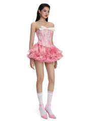 Strapless Bow Printed Ruffles Mini Dress