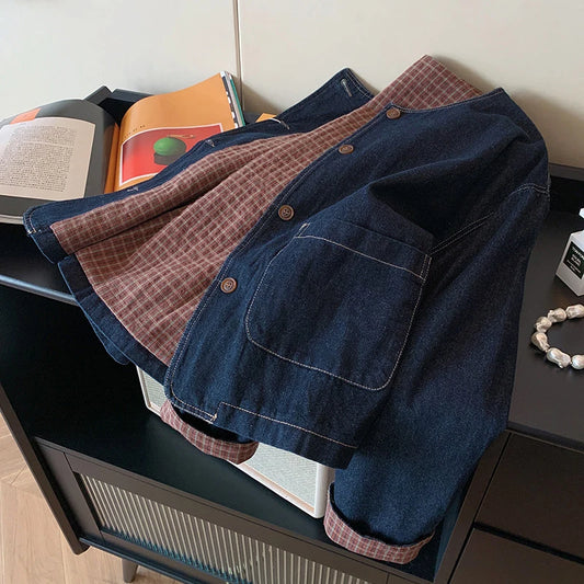 Denim  Plaid Patchwork Jacket