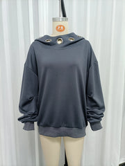 Grey Off-Shoulder Metal Eyelet Hooded Sweatshirt