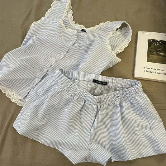 Blue Striped Sleeveless Top And Shorts Set