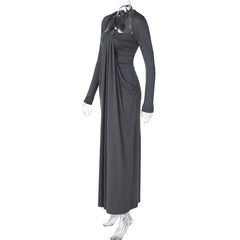 Long Sleeve Draped Tie Neck Maxi Dress