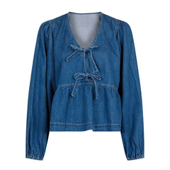 Denim Bowknot Peplum Blouse Top