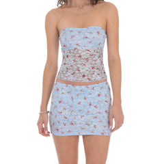 Blue Mesh Floral Lace Crop Tube Top And Mini Skirt Set