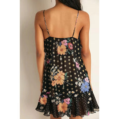 Polka Dot/Floral Sheer Ruffle Hem Mini Dress