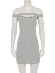 Grey Off-Shoulder Cutout Studded Bodycon Mini Dress