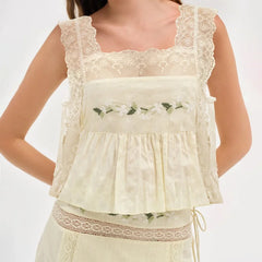 Flower Embroidered Lace Trim Square Neck Side Tie Tank Top