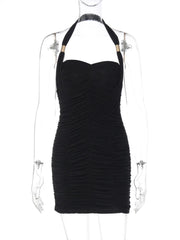 Black Halter Metal Buckle Ruched Mini Dress
