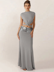 Open Back Bandage Tie Up Crop Top And Sequin Strap Maxi Skirt Set