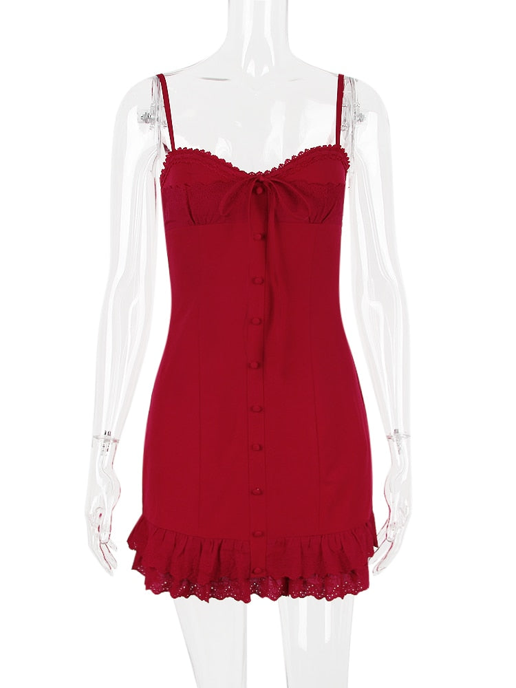 Red Lace Patchwork Buttoned Mini Dress
