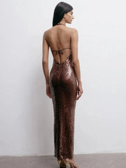 Brown Sequin Halter Maxi Dress